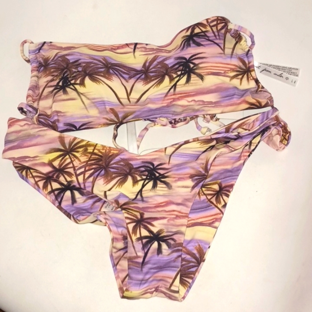 UO PALM TREE PRINTED BEIGE AND PINK TWO PIECES BATHING SUIT